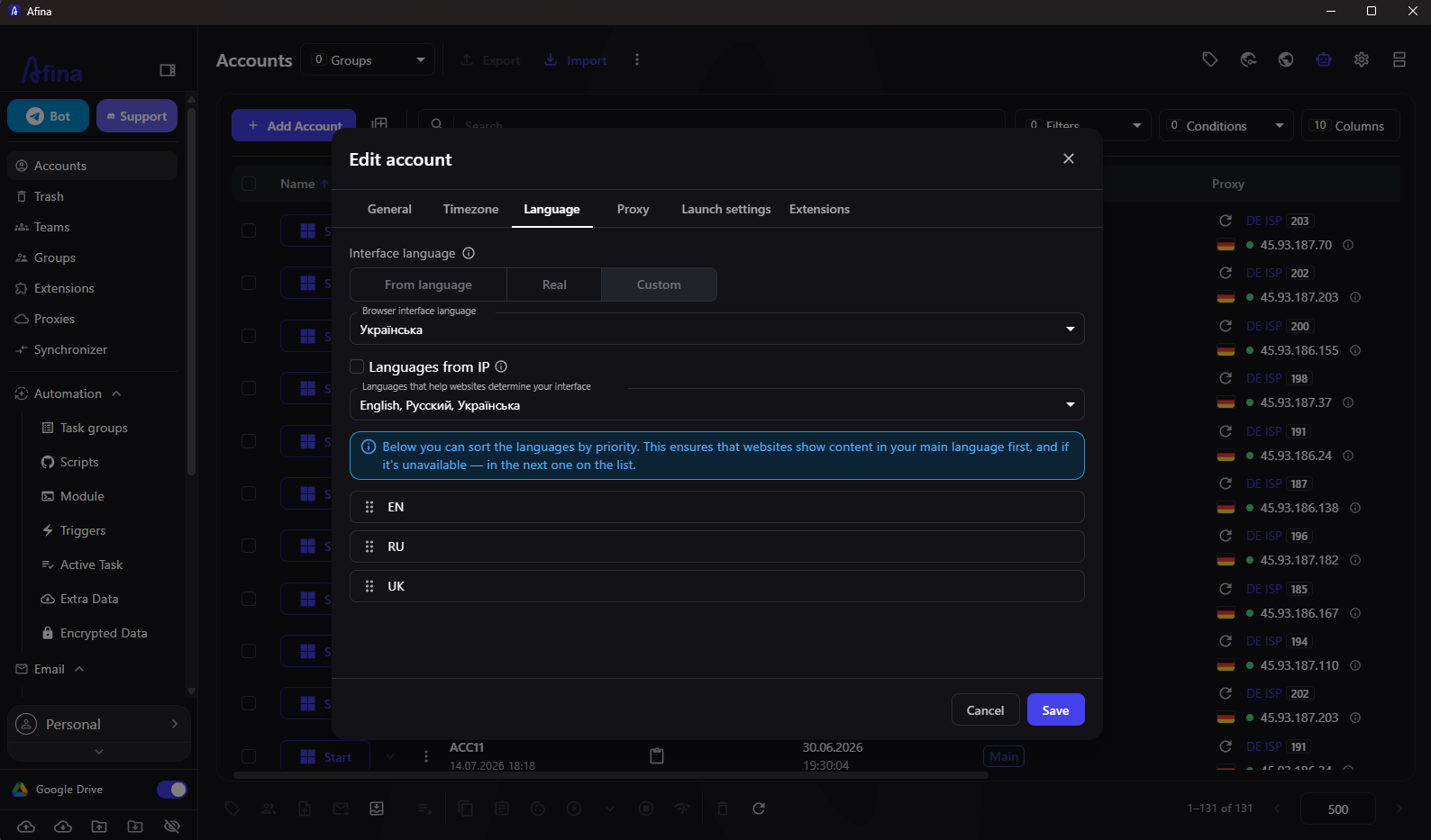 Configuring language and language-related HTTP headers in the Language tab