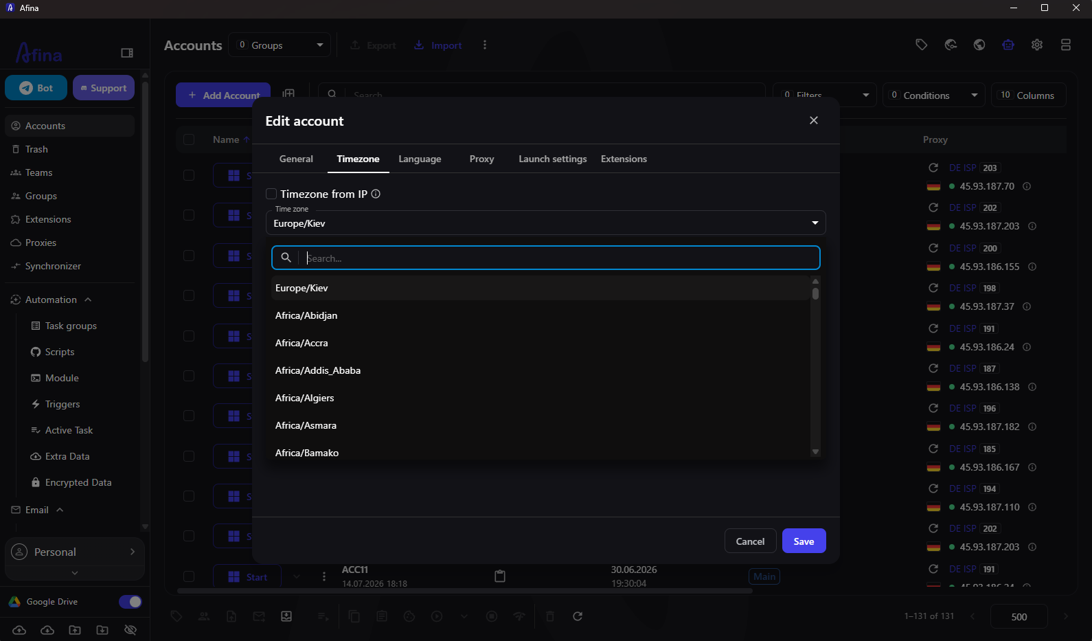Configuring the profile time zone in the Timezone tab