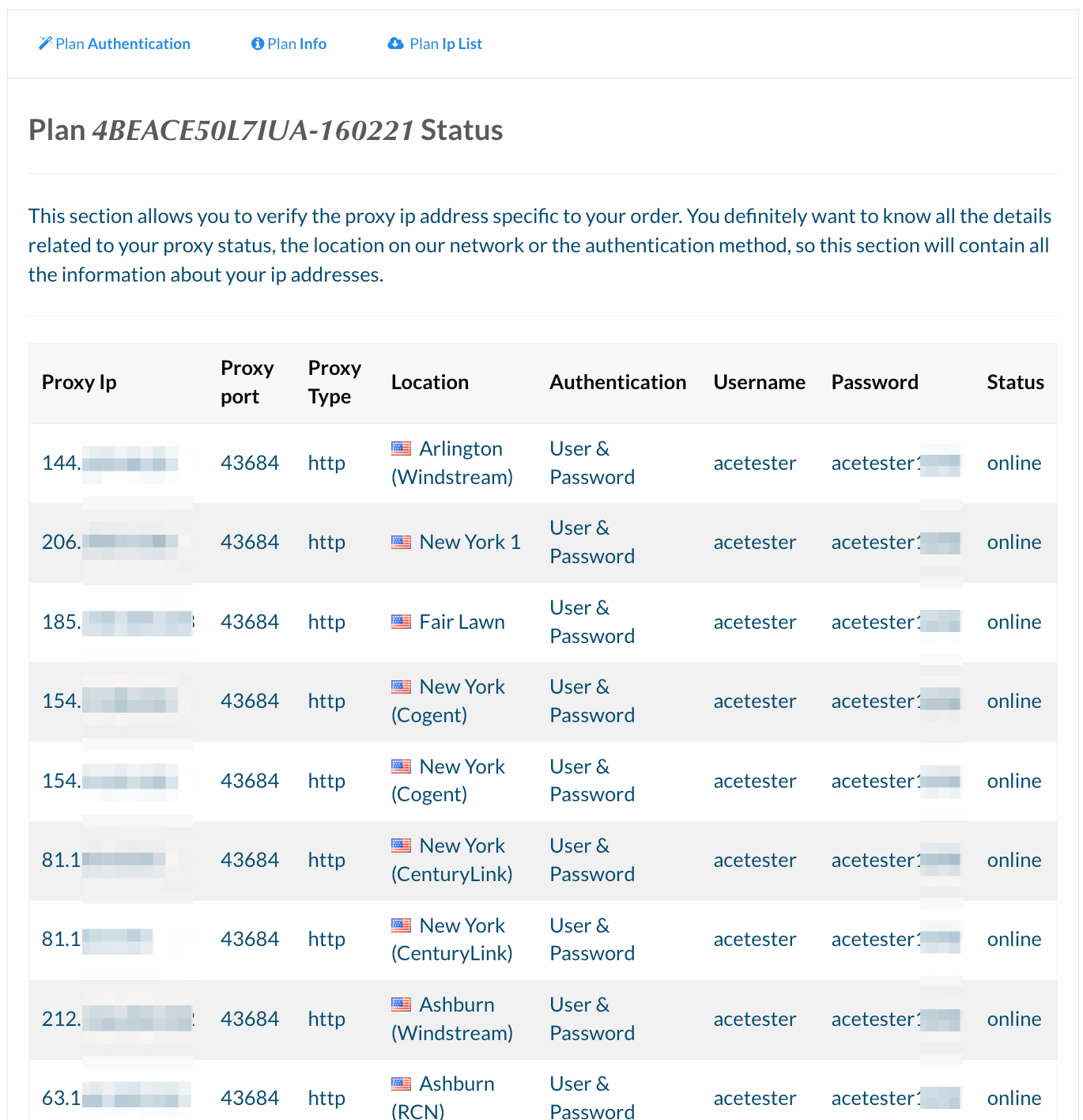 Ace Proxies dashboard connection details