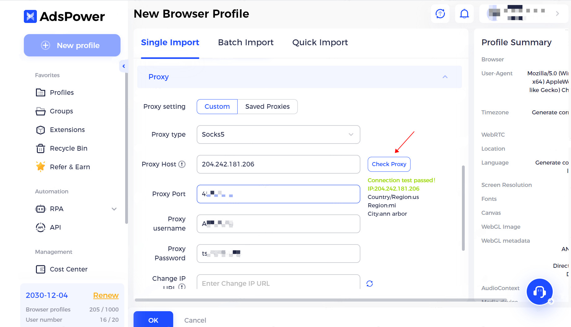 Fill in the proxy information