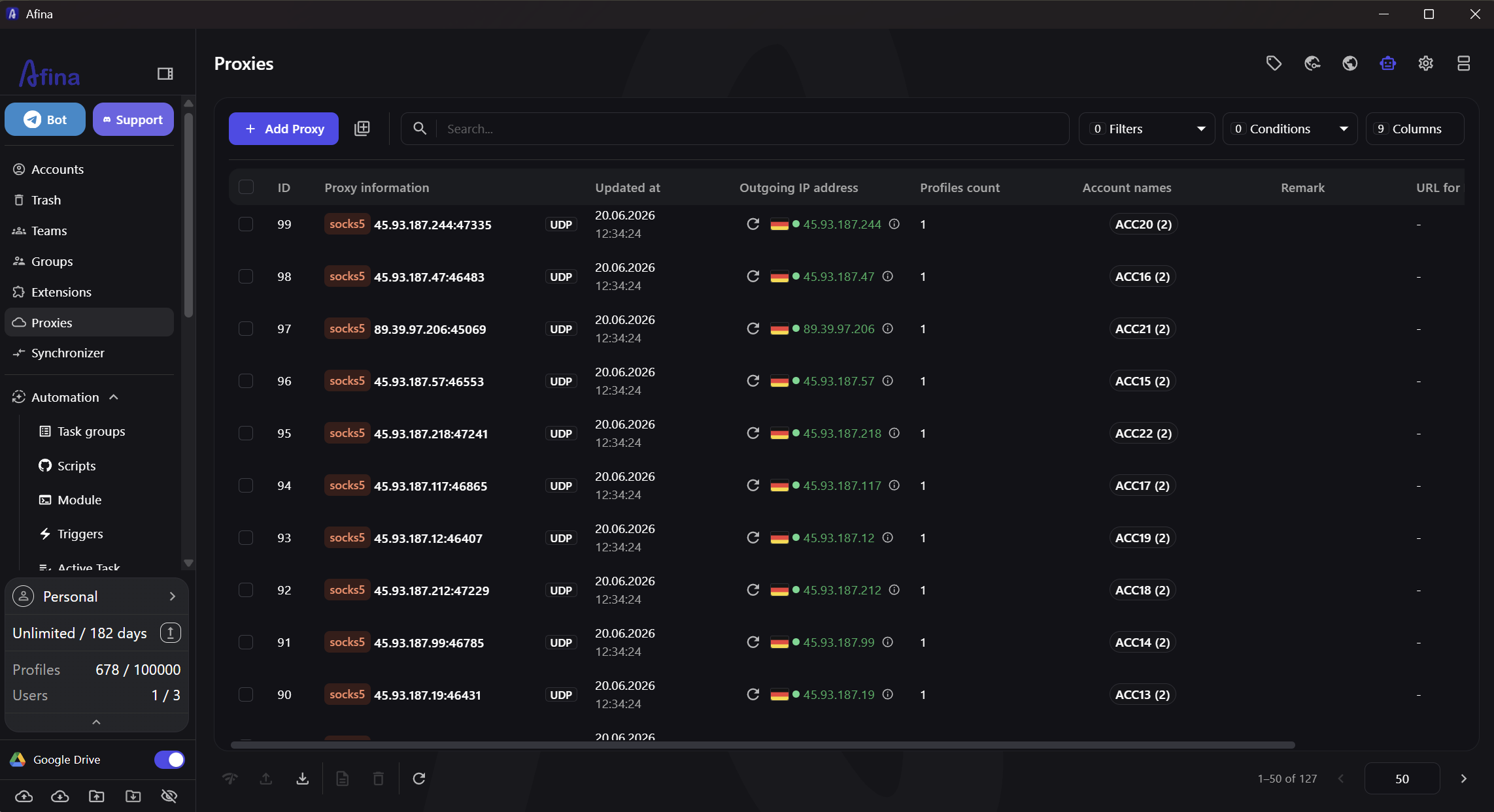 Verified outgoing IP addresses and UDP status in the Proxies section